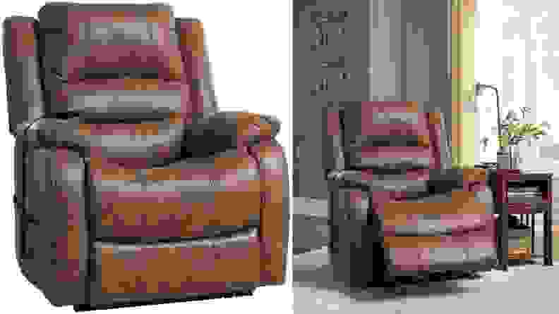 On, left brown leather power lift chair in front of white background. On right, brown leather power lift chair extended outward in living room setting.