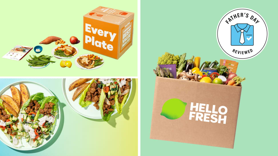 Three meal kits for father's day featured including Hello Fresh, Every Plate and Purple Carrot.