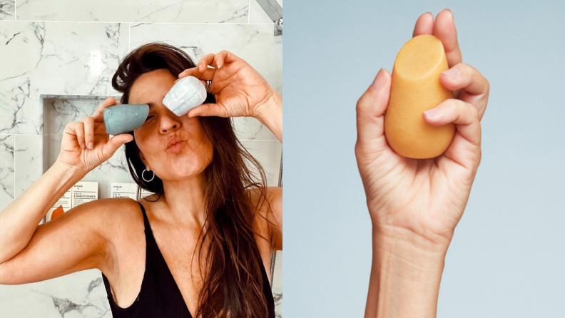 On the left: A person puckers their lips and holds up HiBar's solid shampoo and conditioner bars in front of their eyes. On the right: A hand holds up a solid bar from HiBar.