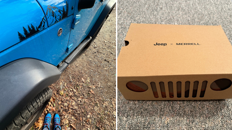 Various shots of a blue Jeep next to a Jeep-branded cardboard shoe box.