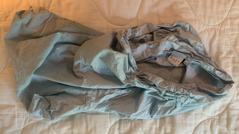 A Riley pillowcase is shown right out of the dryer.