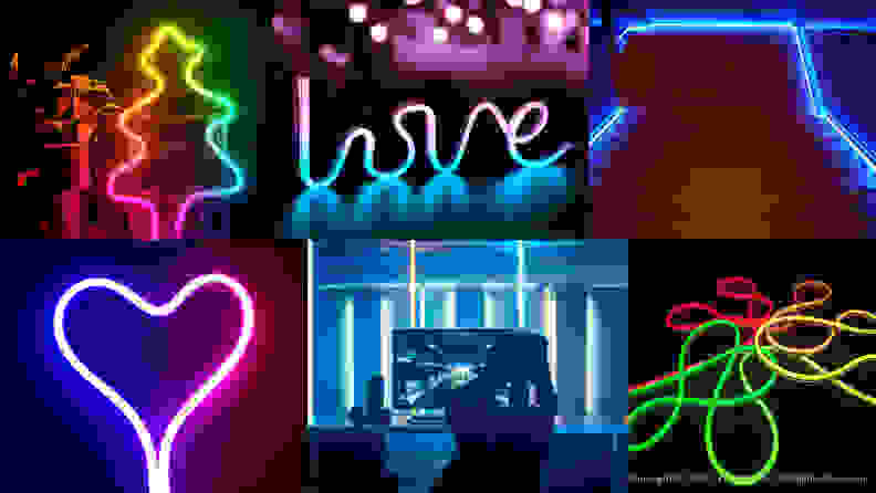 A composite image, showing some of the things you can make with bendable light sources, such as a a tree shape, the word "love," lighting that hugs a set of stairs, a heart shape, a gamer setup in a room I can only describe as techno-Roman antiquity, and some squiggles.