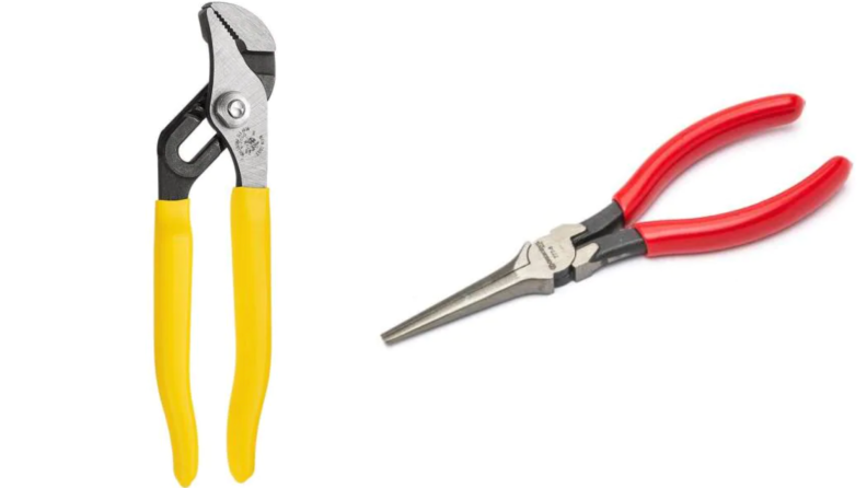 On left, product shot of yellow 16 inch pump pliers. On right, product shot of red 6.5-inch needle nose solid joint pliers.