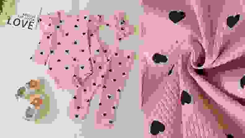 Pink, ribbed children's clothing set with black hearts