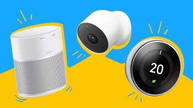 A Bose smart speaker sits next to a Nest thermostat against a bright yellow and blue background.