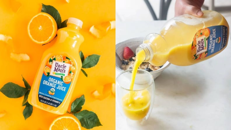 Left: A bottle of Uncle Matt's orange juice is poured into a stout juice glass. Right: A top-down photo of Uncle Matt's orange juice on top of a repeating pattern of orange slices.