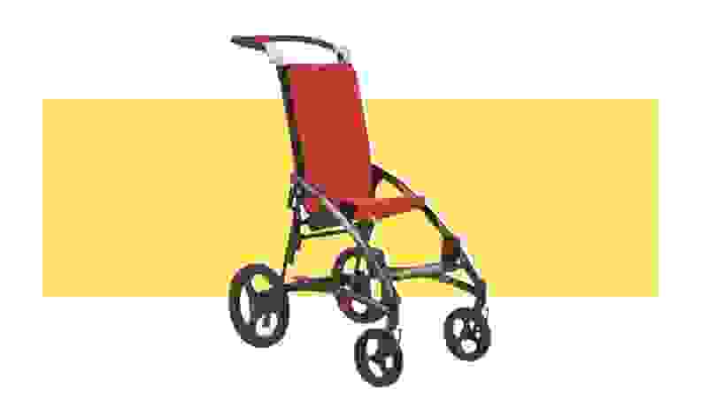A red R82 Cricket Lightweight Folding Stroller on a yellow background.