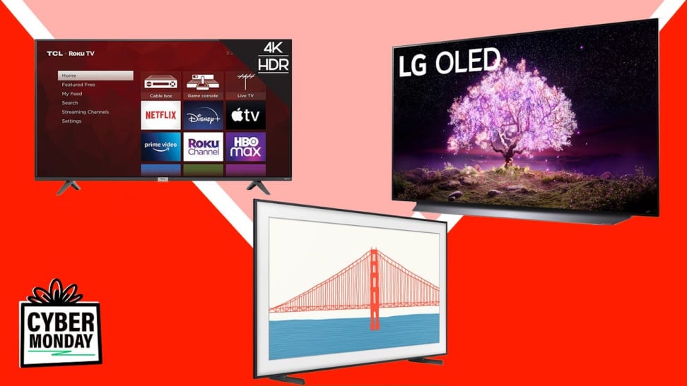 Collage of TVs against a red/pink background