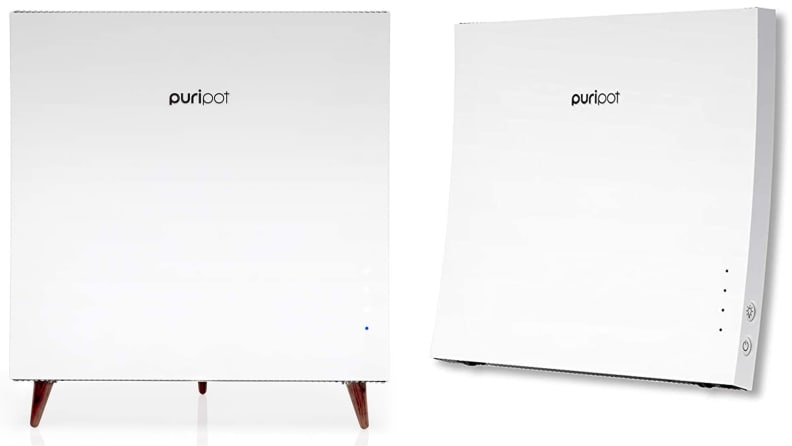 A pic of the Puripot airFrame air purifier, shown standing on its detachable wooden legs and mounted on a wall.