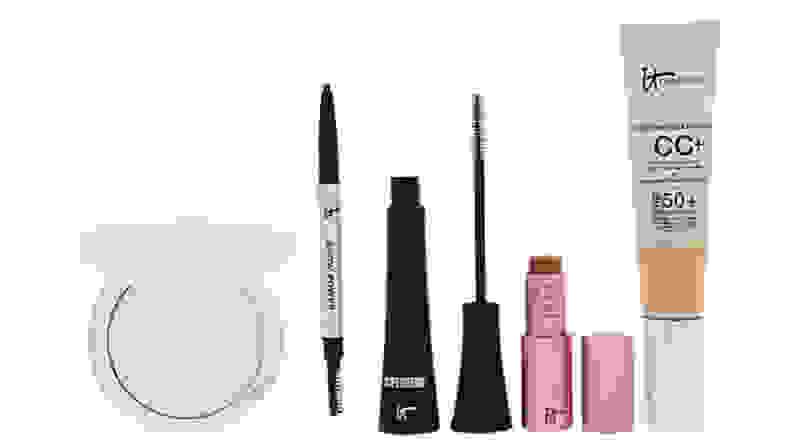 various beauty items on white background