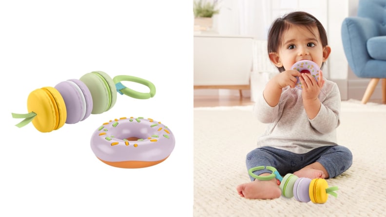 On left, dessert shaped teething toy for children. On right, child chewing on donut-shaped teething ring.