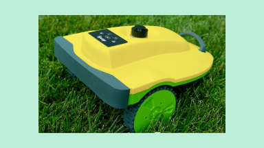The Dandy lawn care robot against a teal background.