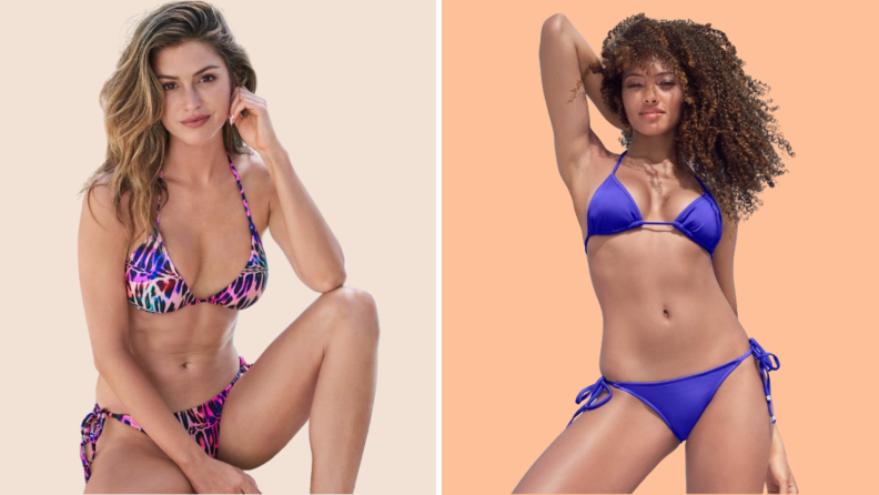 Model wearing a colorful printed bikini, and another model wearing the same bikini in blue.