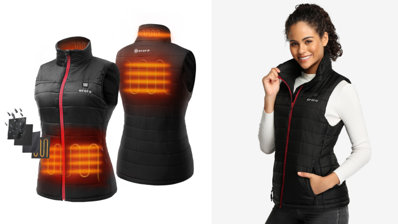 Left: An illustration shows metal coils heating up inside the Ororo heated vest. Right: A model poses in the vest.