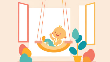 A graphic of a baby sitting in a swing at home