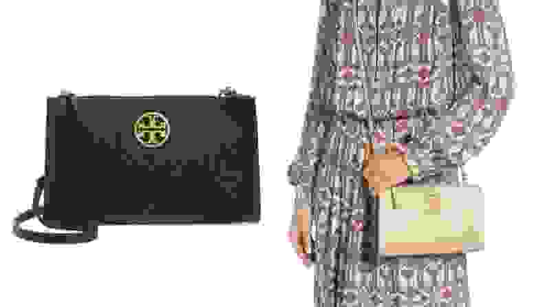 On left, product shot of black Tory Burch Zip Top crossbody bag. On left, woman displaying the sand colored Tory Burch Zip Top crossbody bag on her shoulder.