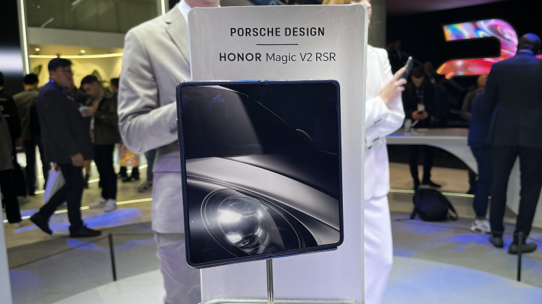 The Honor Magic V2 RSR on a pedestal stand at MWC 2024.