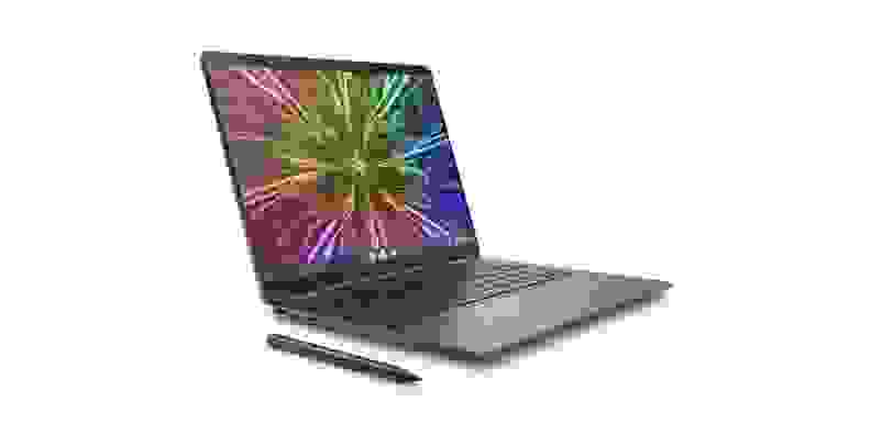 A three-quarter view of an open laptop