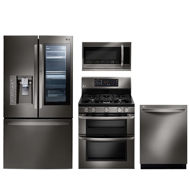 A black stainless suite of appliance from LG