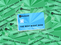 Illustrated blue credit card stamped with The Best Right Now on top of arranged green credit cards