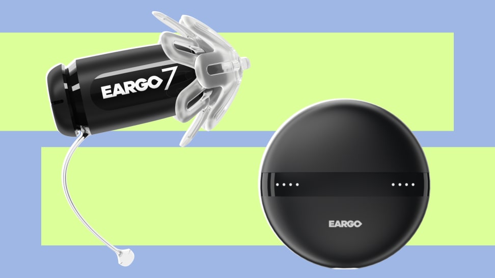 Product shot of the new Eargo 7 hearing aid next to charging case.