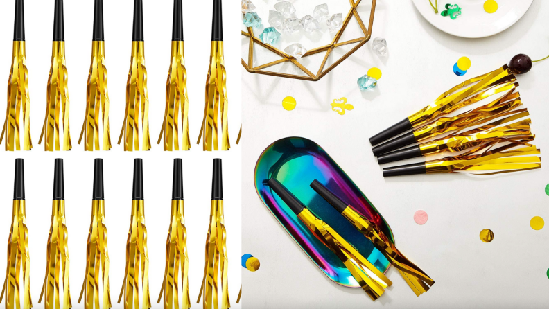 Gold metallic streamer noise makers next to party items.