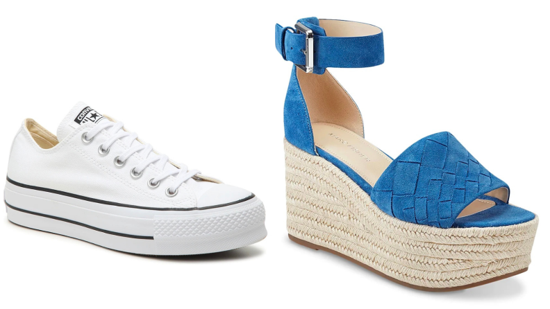 white Converse low cut shoes, blue wedge sandals