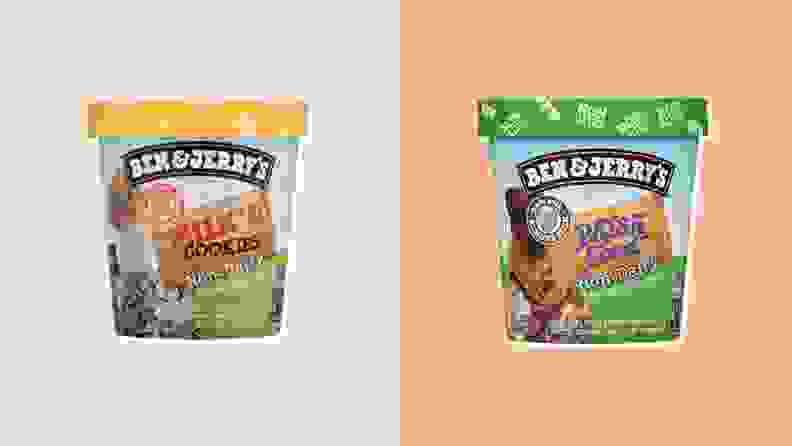 Two pints of dairy free ice cream from Ben & Jerry's side by side.