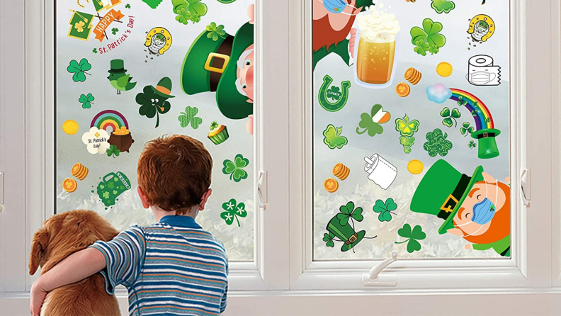 St. Patrick's Day window decals from Amazon on a window