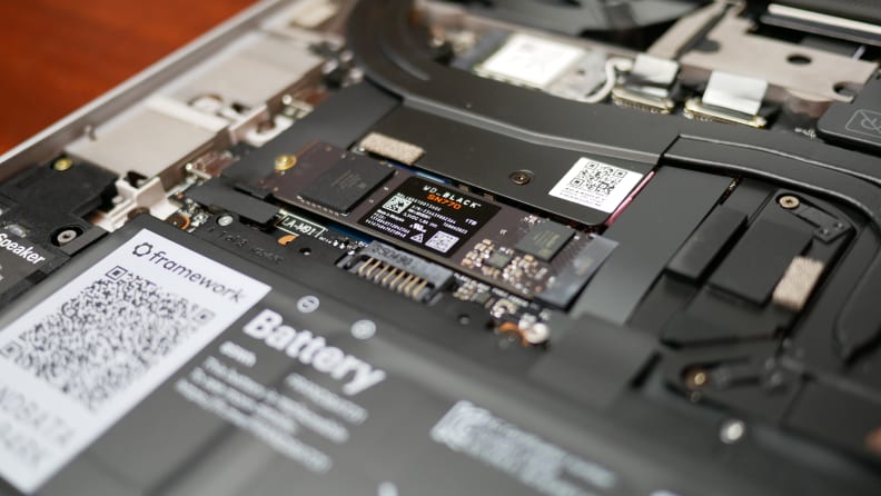 A close-up of the Framework Laptop 16 hardware inside the laptop.