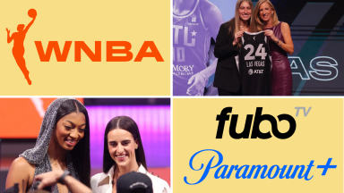 A colorful collage with Angel Reese and Caitlin Clark and the Paramount+, FuboTV, and WNBA logos.