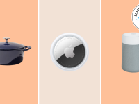 Dutch oven, AirTag, air purifier on orange background