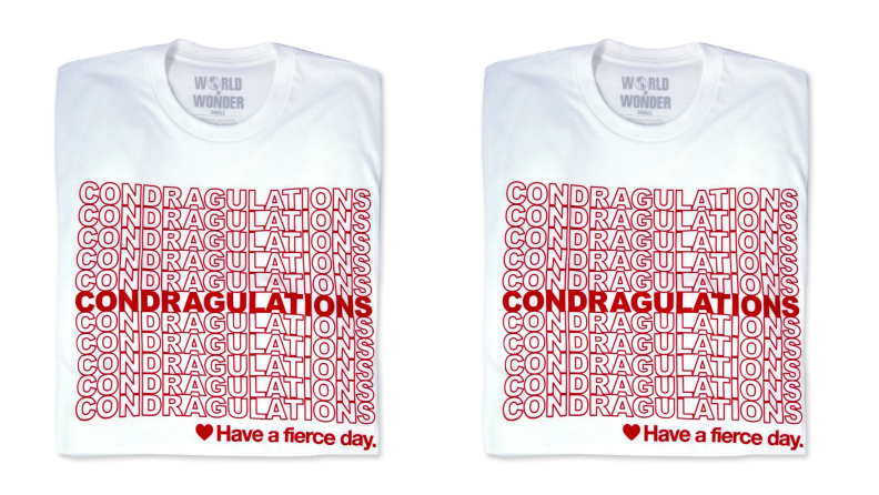 A simple white t-shirt with the phrase "Condragulations" written on it.