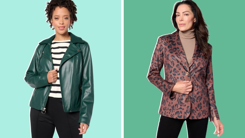 Side-by-side image of two people wearing stylish jackets, one in evergreen and one in leopard print, from QVC's Mizrahi Live! x Selma Blair accessible clothing line.