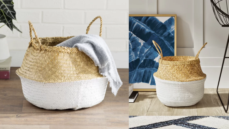 Wicker basket holding blankets