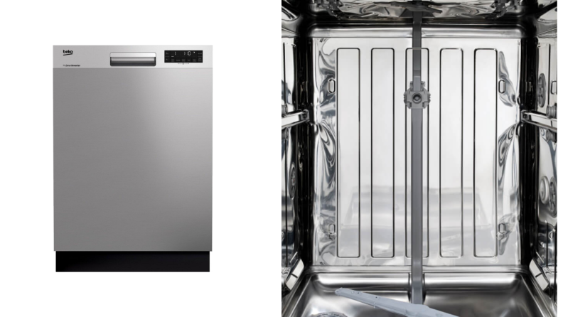 The front of a dishwasher, next to a close-up of the stainless steel interior