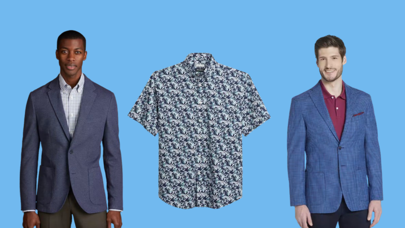 Man wearing bluesportcoat, a navy button up shirt with floral designs, and a man wearing a blue checkered sportcoat