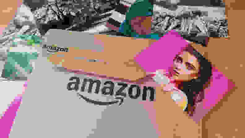 Amazon logo on a brown envelope with a photo of a woman on top.