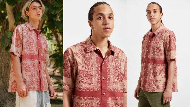 man wearing red bandana paisley shirt from Urban Outfitters