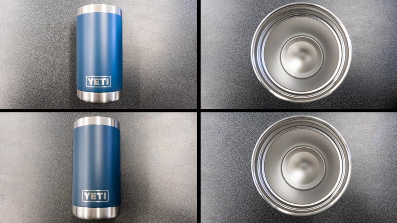 A compilation of four shots of the Yeti Rambler cup. The leftmost images show a before-and-after comparison of the exterior of the cup. Next to those is a side-by-side of the interior of the cup. The 