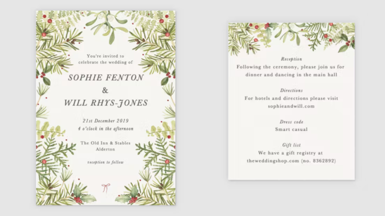 Front and back of wedding invitation green holly and pine branches.