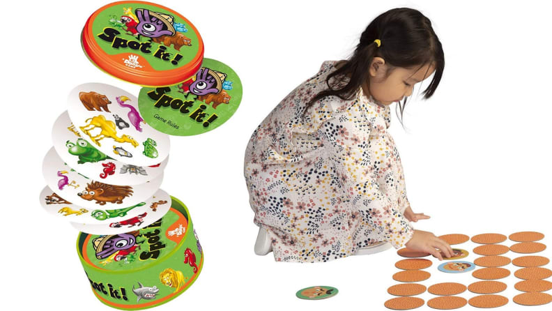 On left, children's circular memory card game. On right, child on floor playing with memory card game.