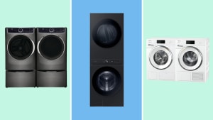 Washer-dryer sets by Electrolux, Samsung, and Miele against a color-blocked blue and green background.
