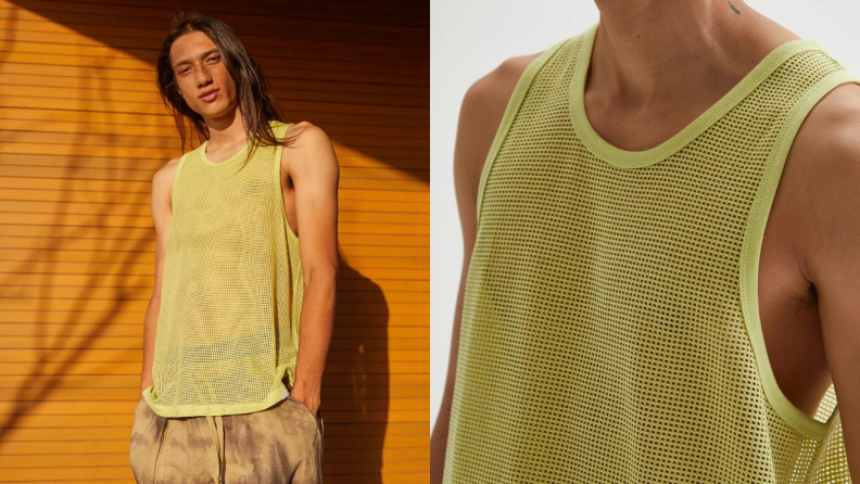 man wearing yellow mesh tank top from Urban Outfitters