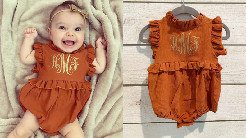 A smiling baby in a romper with gold monogram