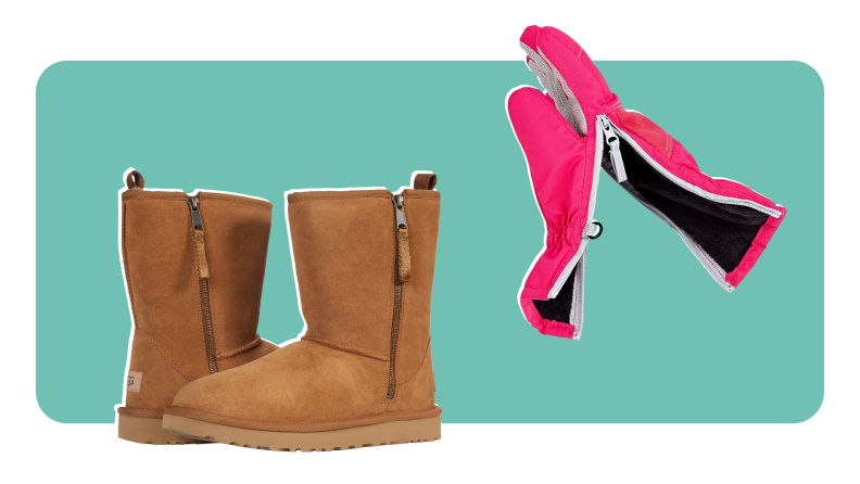 Chestnut Ugg boots next to pink glove with side zipper.
