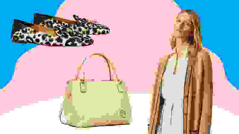 Shoes, a purse, and a person wearing a beige cardigan.