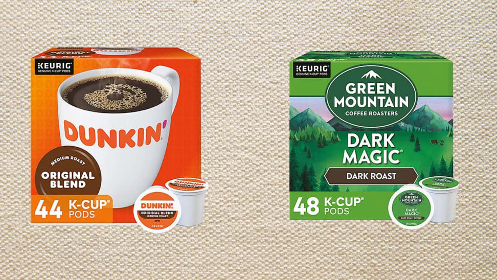 On left, box of Dunkin' K-cups in front of tan background. On right, box of Green Mountain Coffee Roasters K-cups in front of tan background.