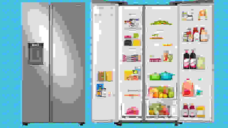 Two images of the Samsung RF27T5200SR side-by-side refrigerator, one with its doors closed and one with them open, showcasing a fully-stocked interior.