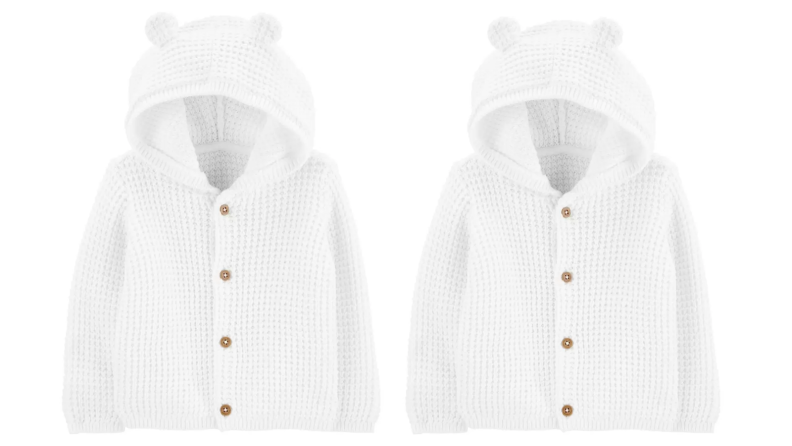 Two images of the same white cardigan in waffle-knit with a hood with ears.